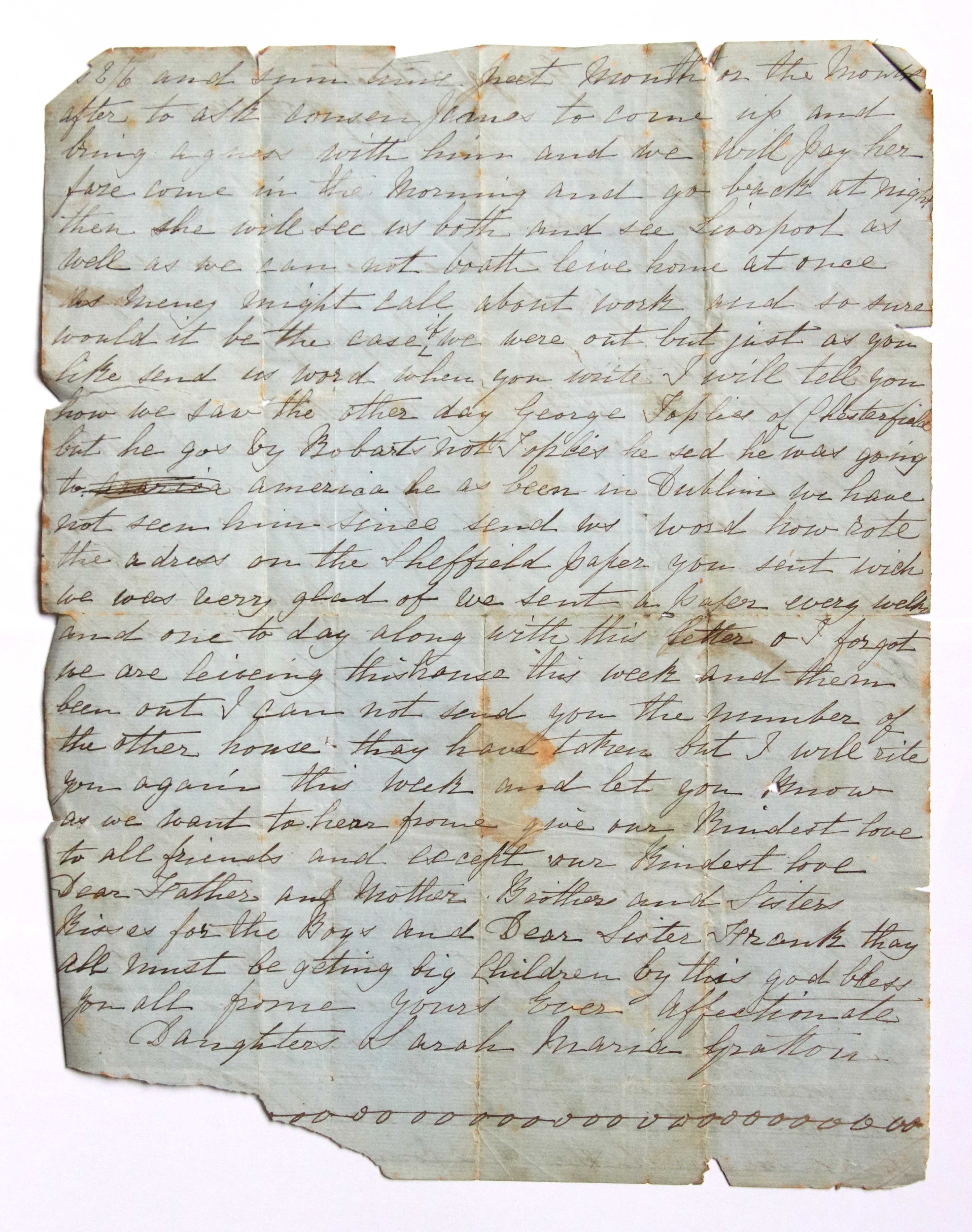 1873 letter from Sarah and Maria Gratton to their parents