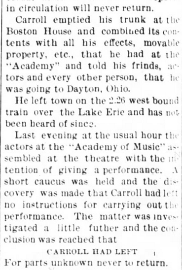Newspaper article: Bobby Carroll says he's going to Dayton, Ohio, but leaves Elwood, Indiana, on a westbound train.
