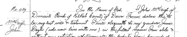 snippet from the will of John McVeigh showing the first few lines, all of which are transcribed below