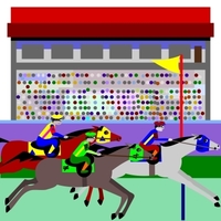 small color graphic of horses crossing a finish line with the grandstand in the background